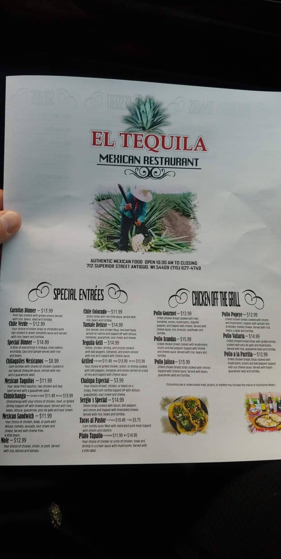 Menu at El Tequila restaurant, Antigo
