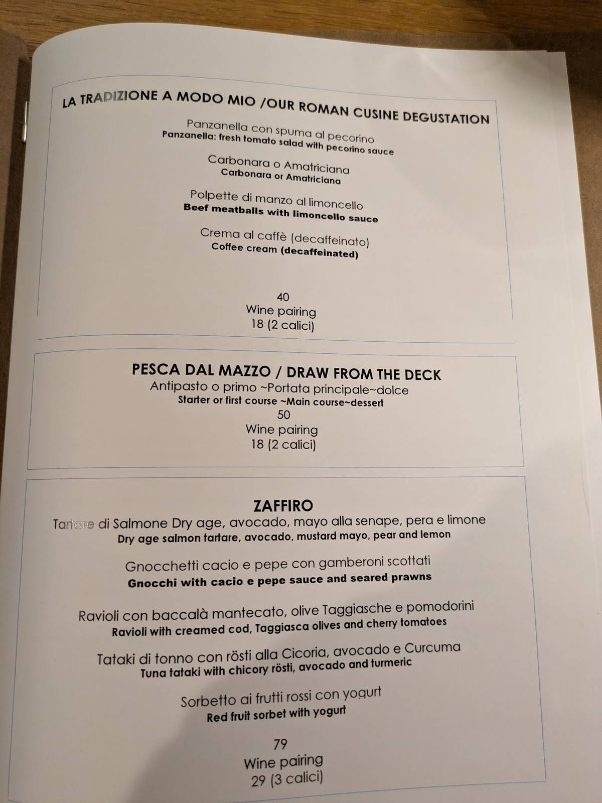 Menu di Aqualunae 