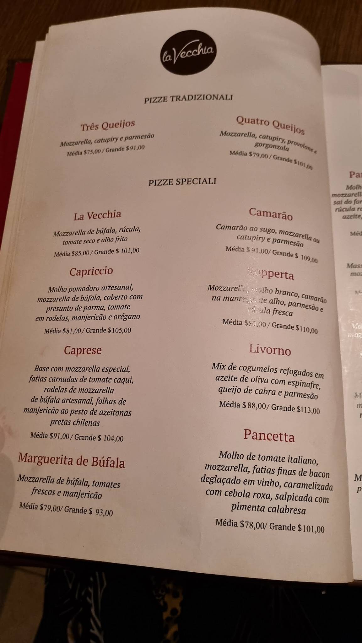 La Vecchia cardápio