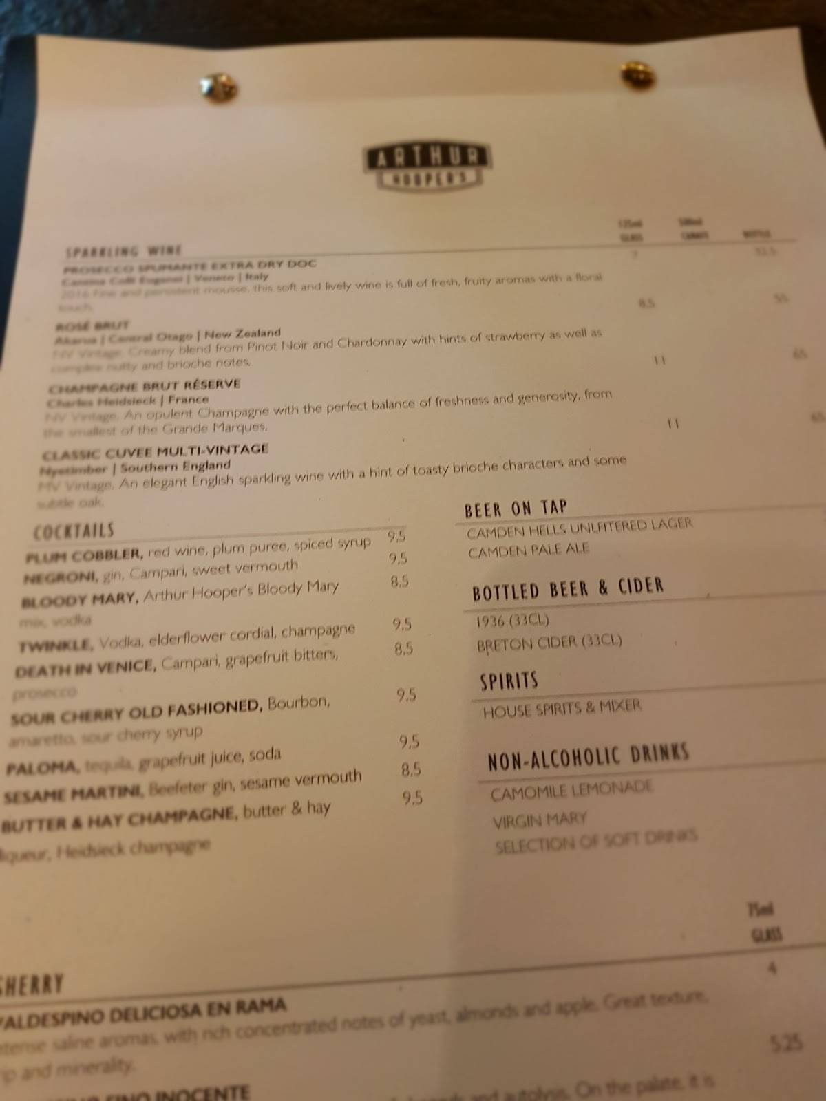 Menu at Arthur Hooper's pub & bar, London