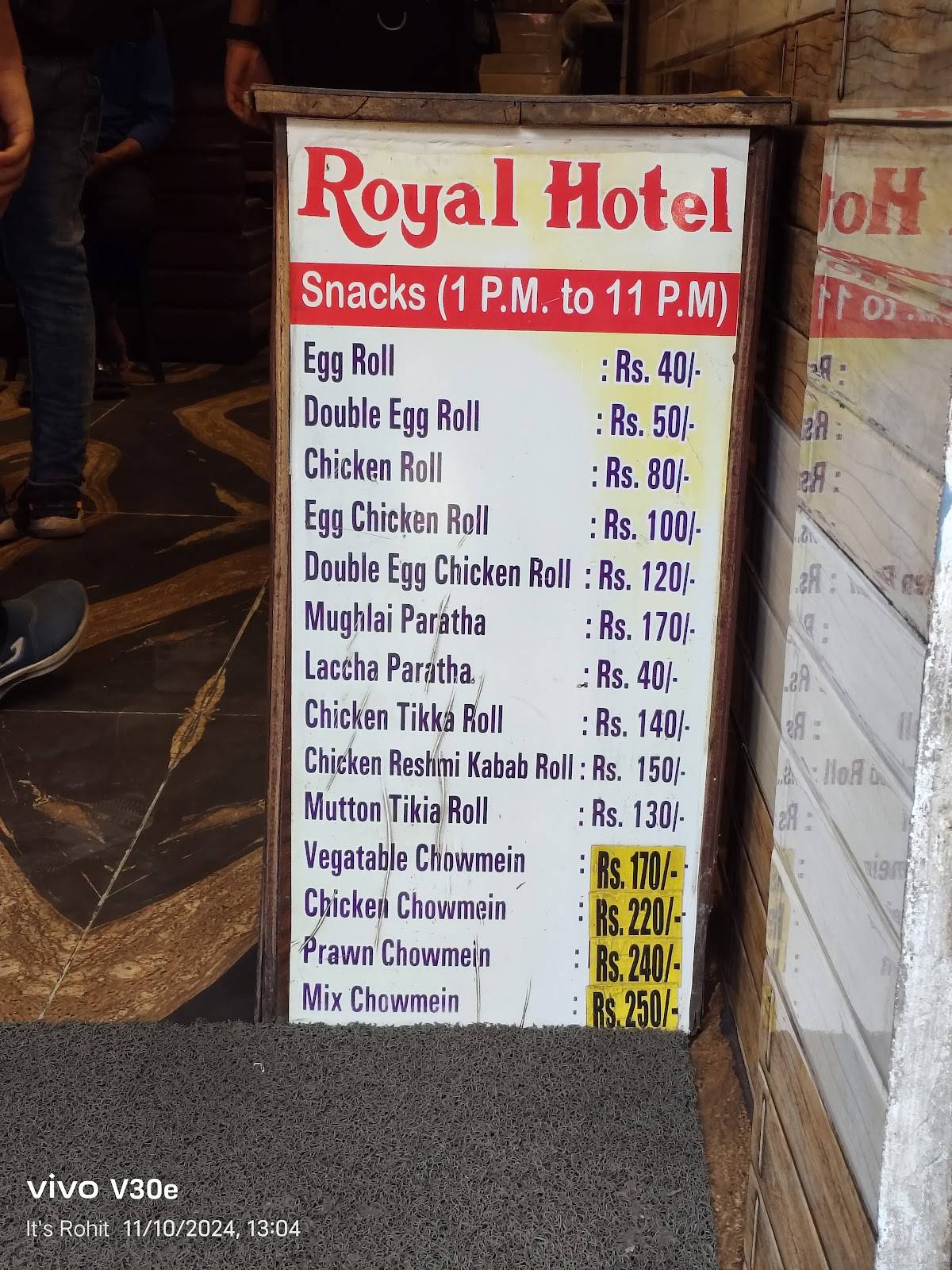 Royal Hotel menu