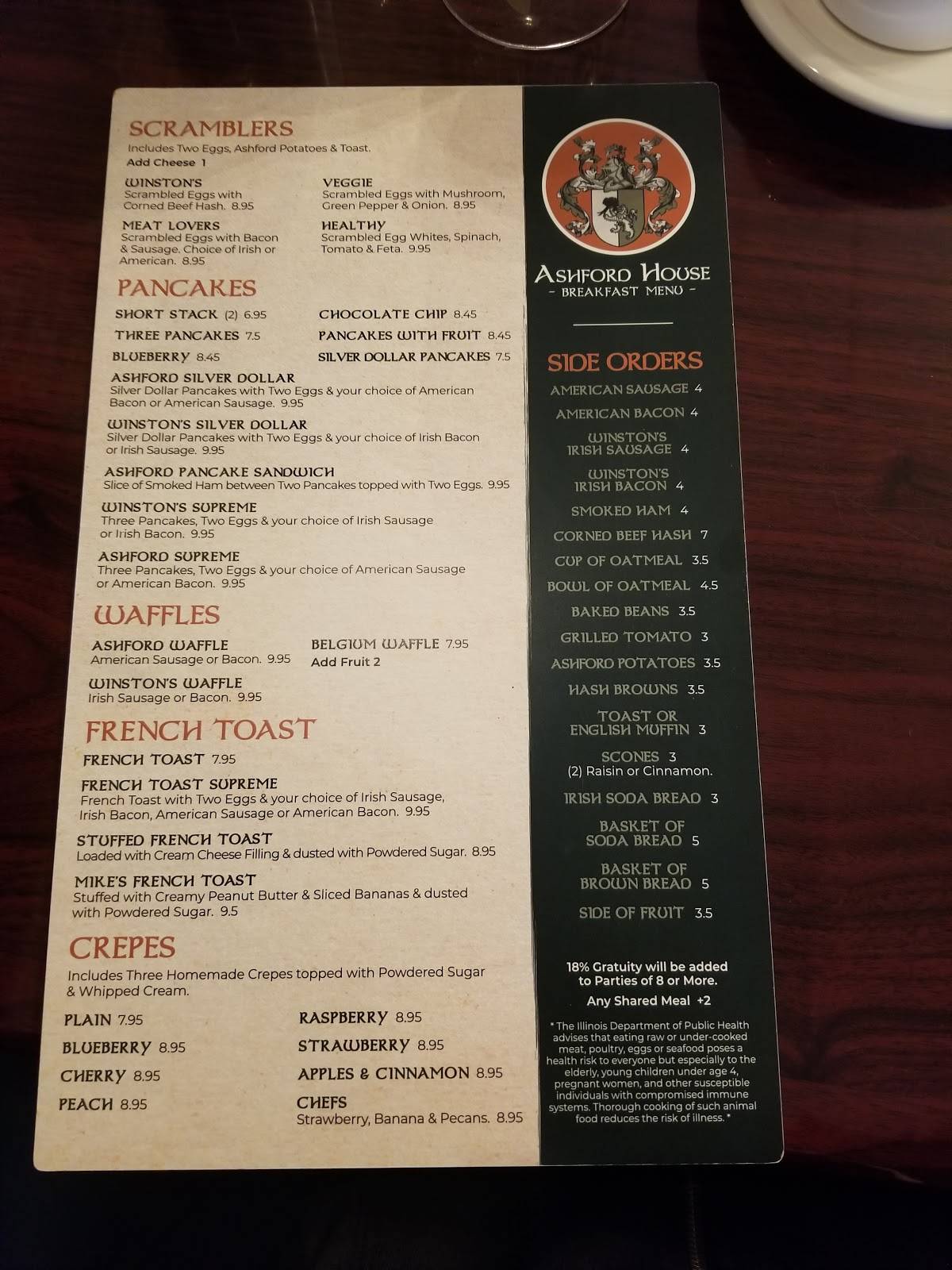 Menu at Ashford House restaurant, Tinley Park