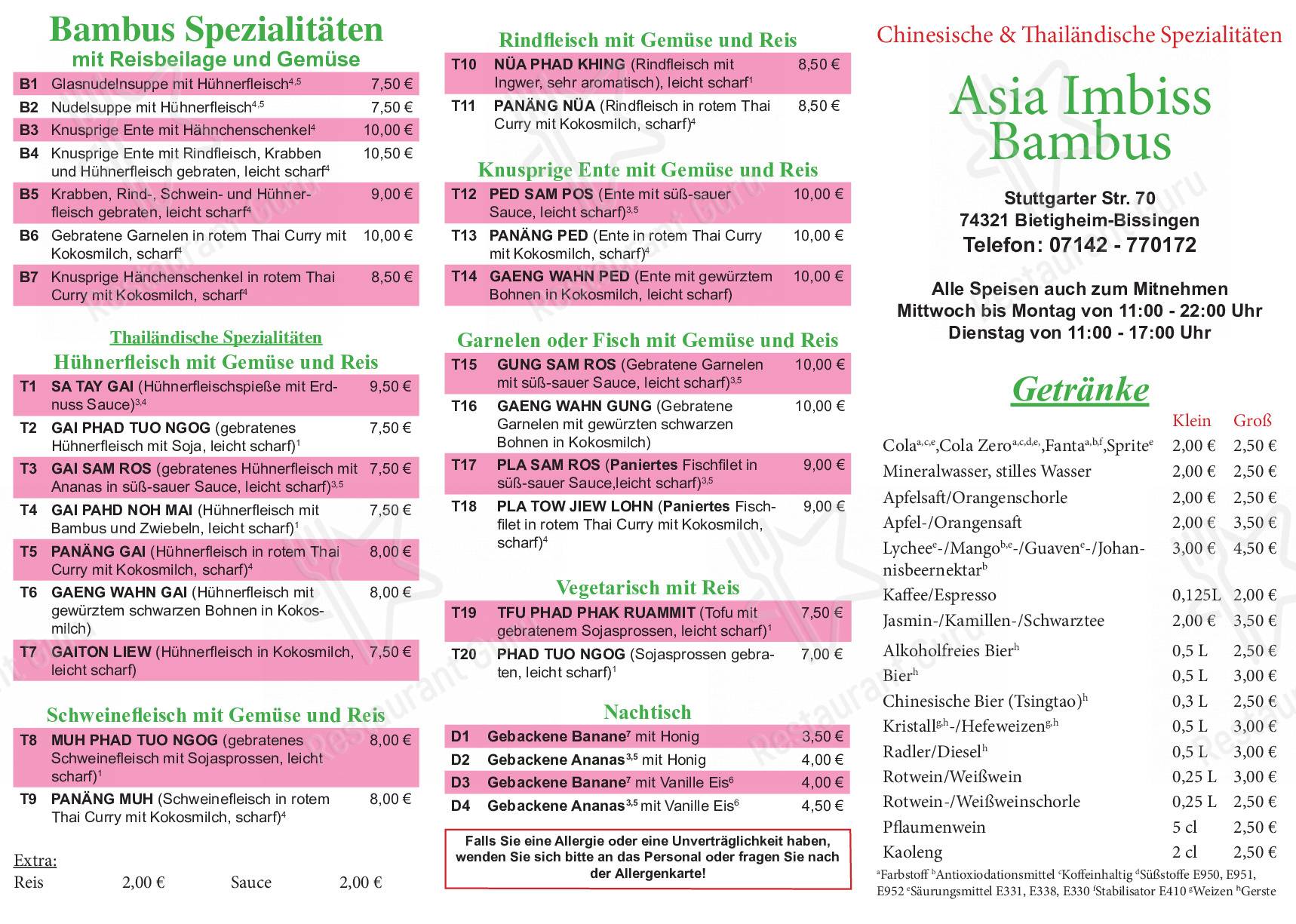 Speisekarte von Asia Imbiss Bambus fast Food, Bietigheim Bissingen