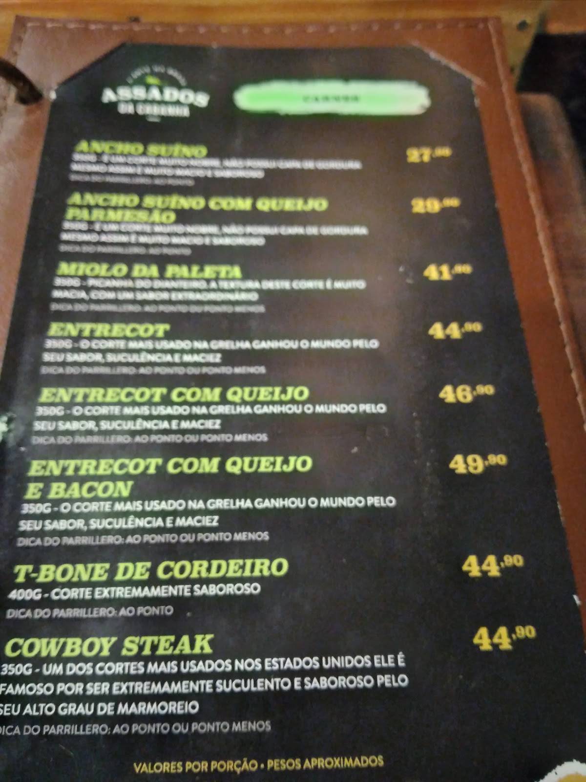 Assados da Cabanha cardápio