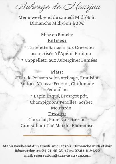Menu de Auberge de Mourjou Nouvelle direction