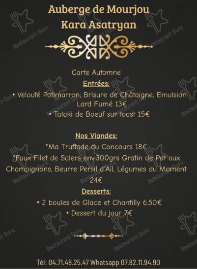 Menu pour Auberge de Mourjou Nouvelle direction
