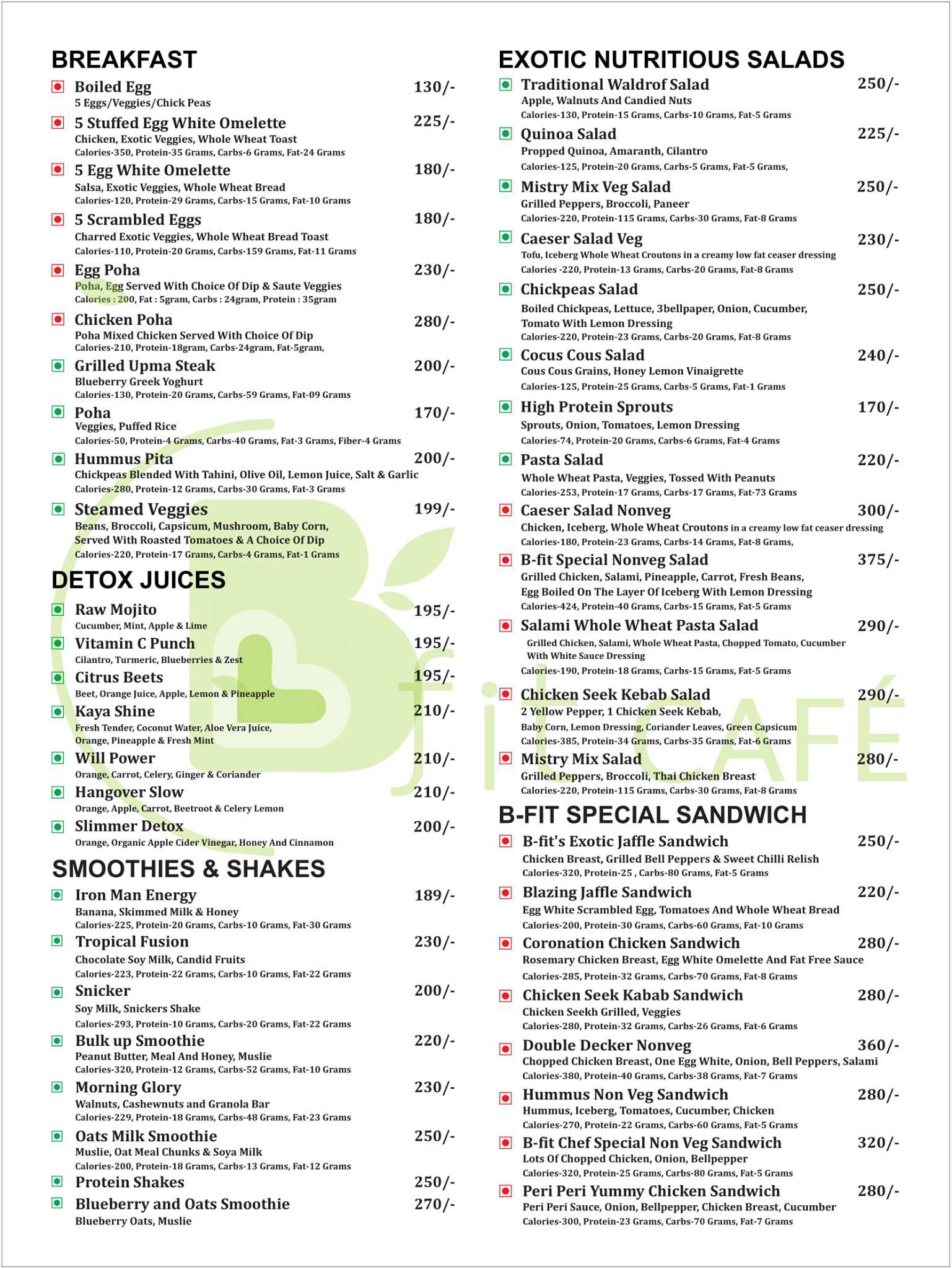 B Fit Cafe menu