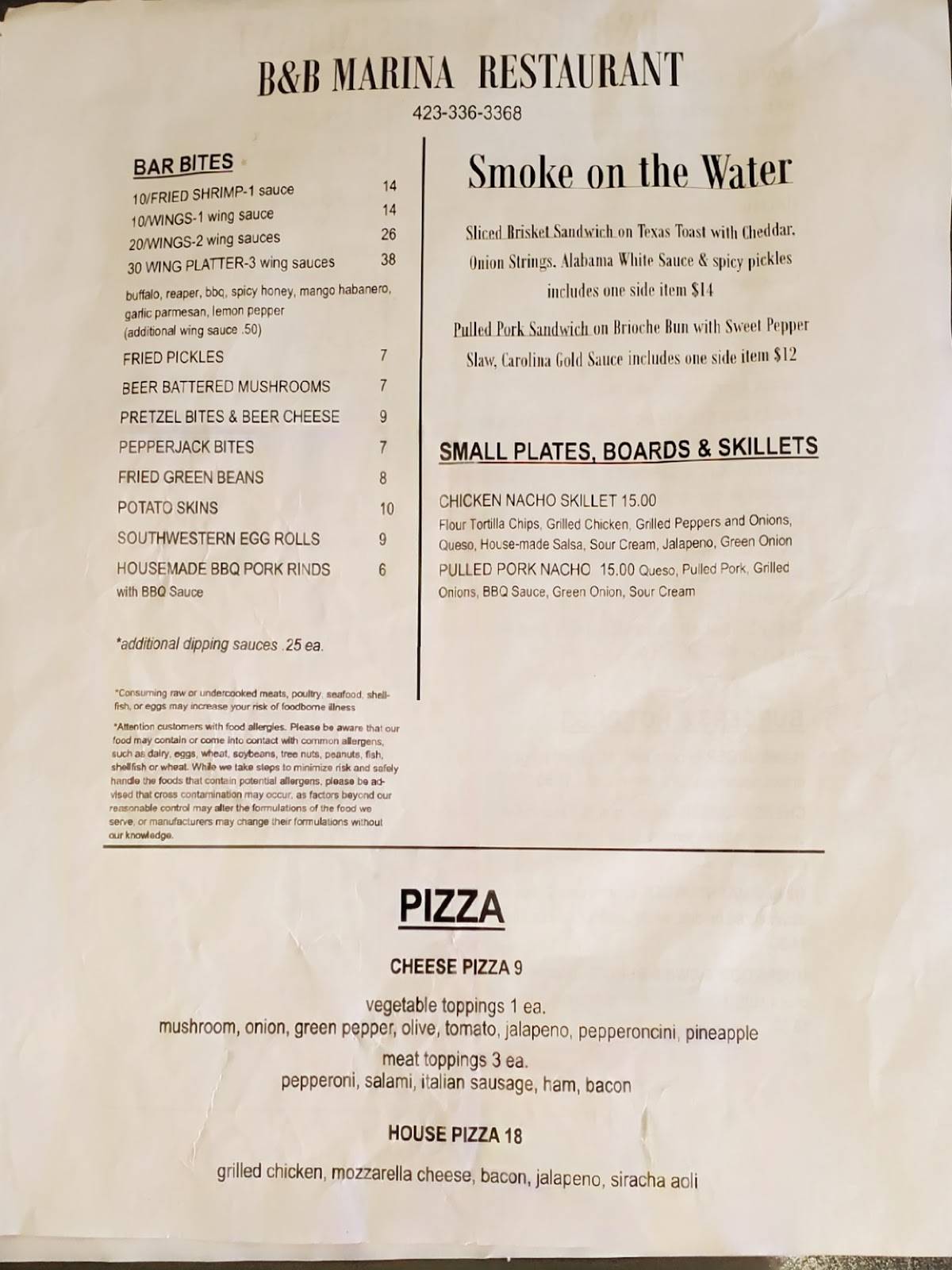 Menu at B & B Marina store restaurant, USA