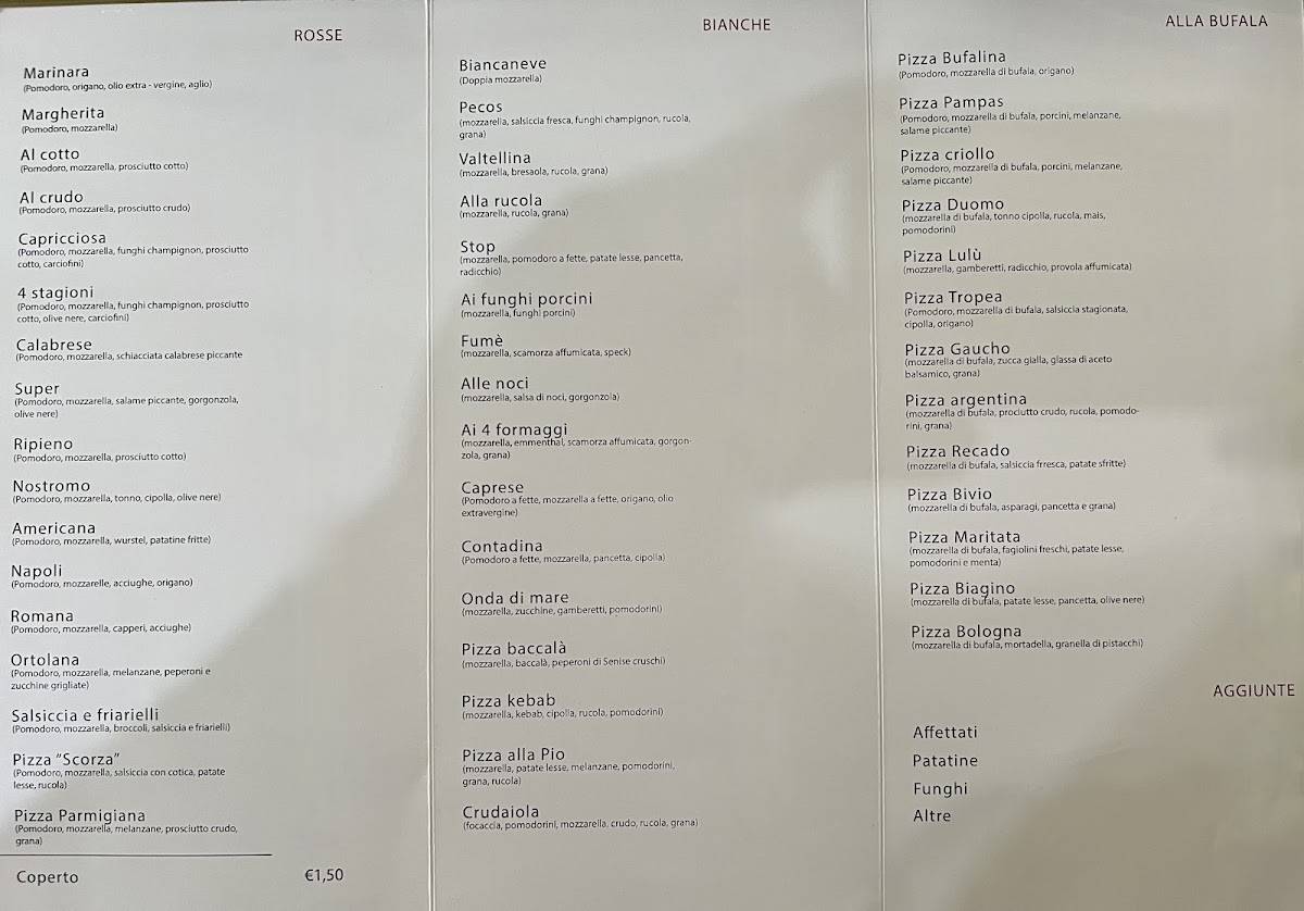 Menu di BAR PIZZERIA STOP CAFE' 