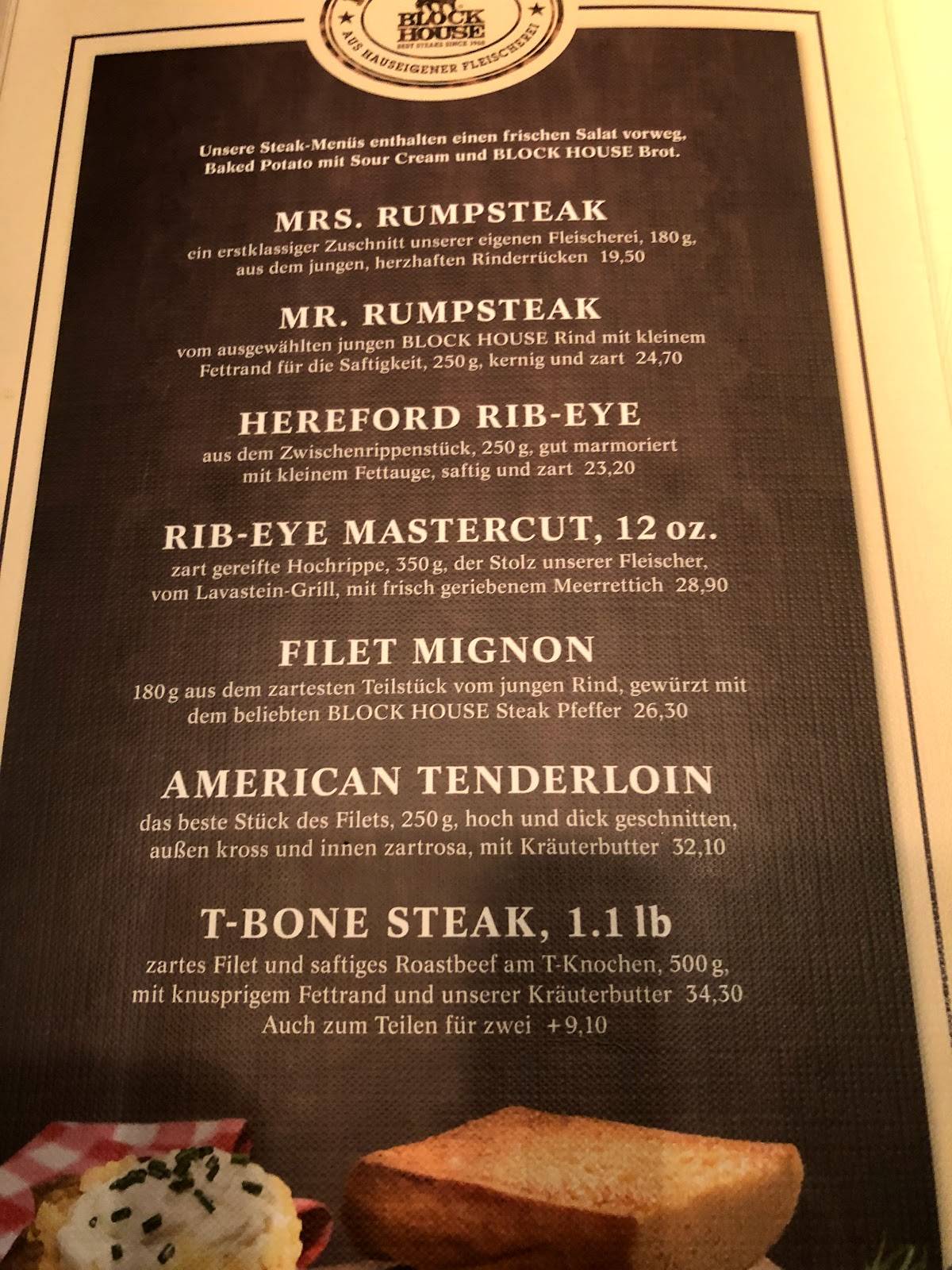 Speisekarte von BLOCK HOUSE Lübeck steakhaus, Lübeck