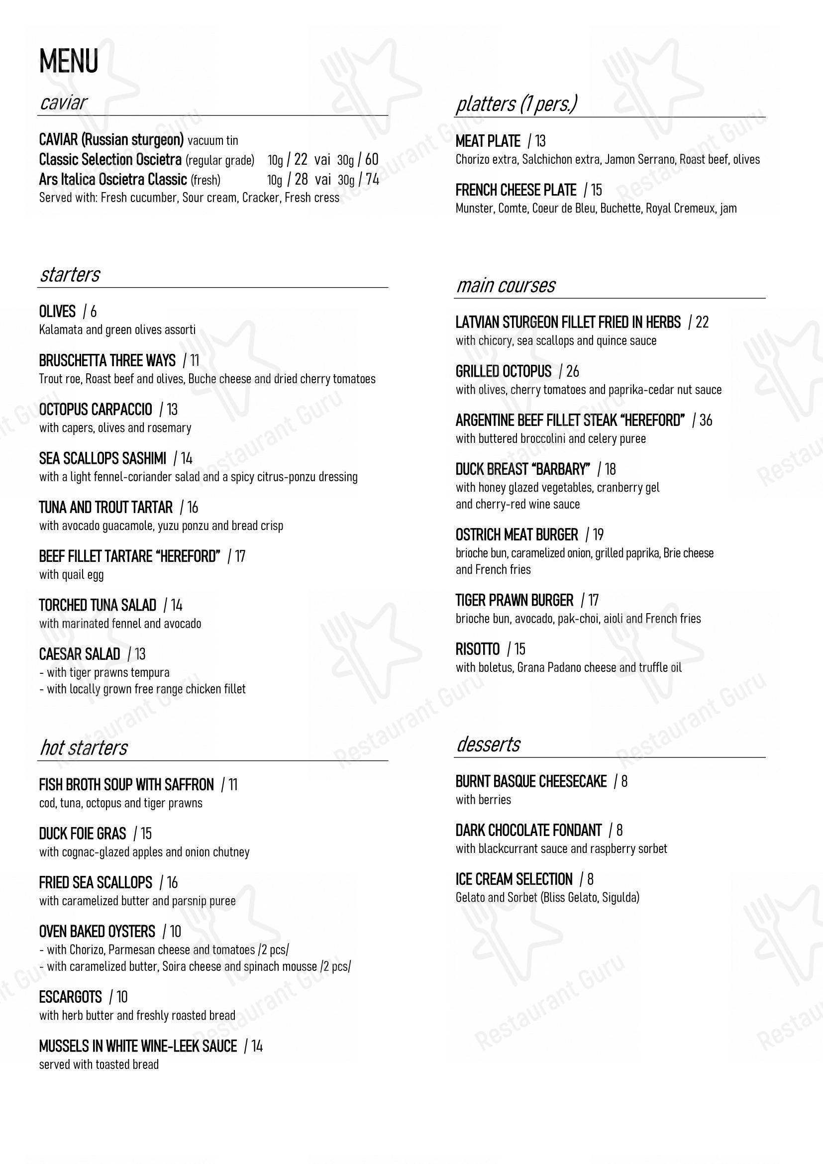 Menu at BURZUJS restaurant, Riga