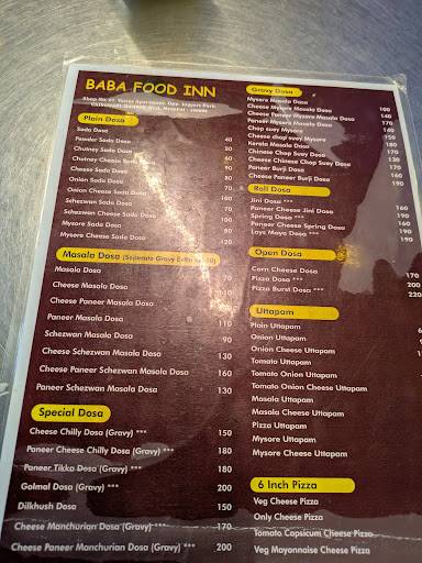 Baba Food Inn menu
