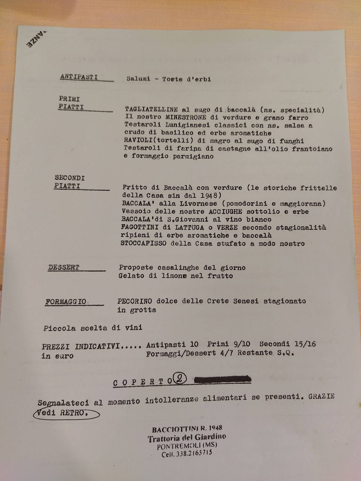 Menu di Trattoria del Giardino da Bacciottini 