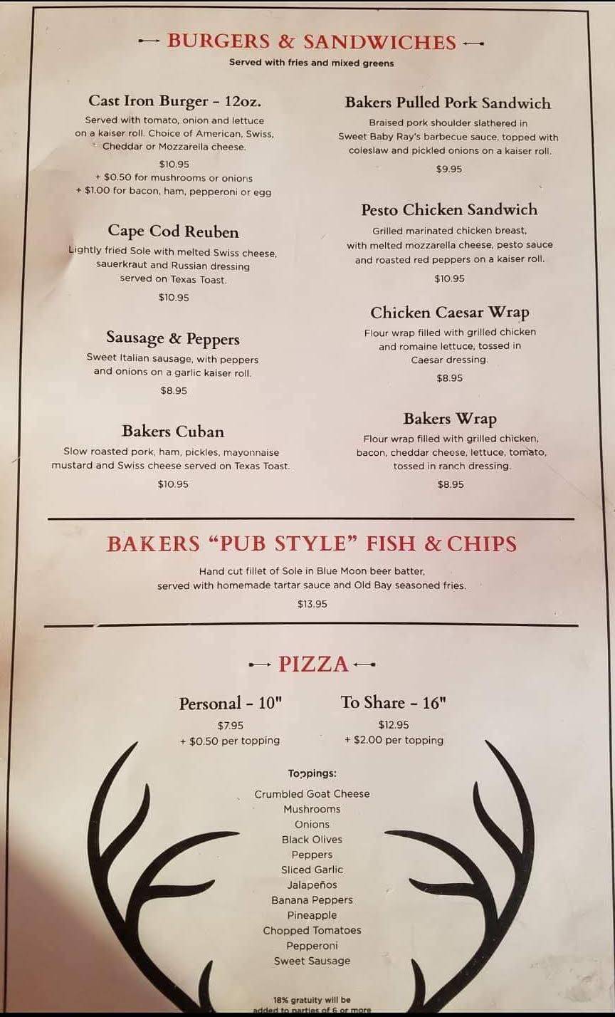 Menu at Back to Bakers pub & bar, Yulan