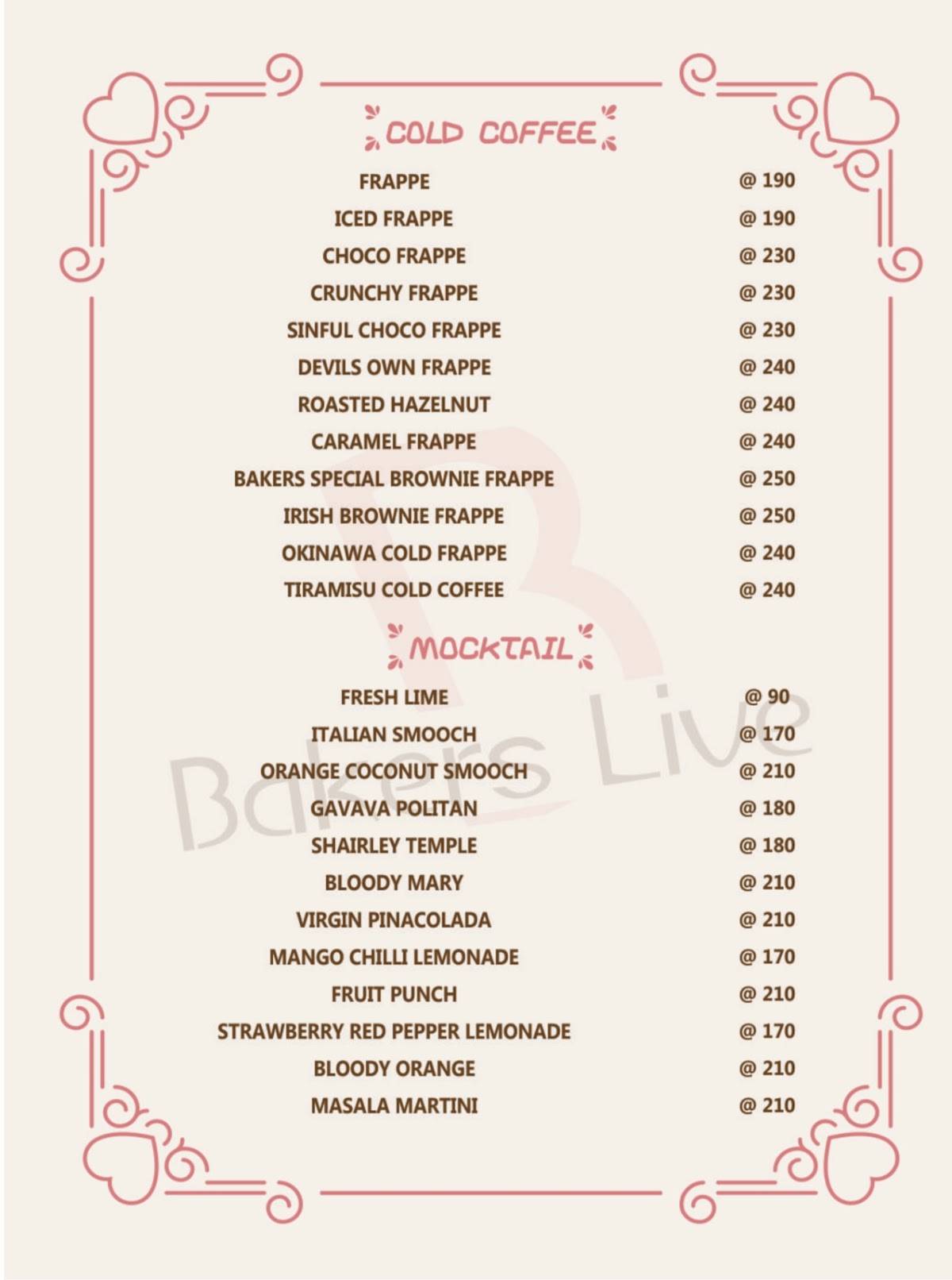 Bakers Live menu