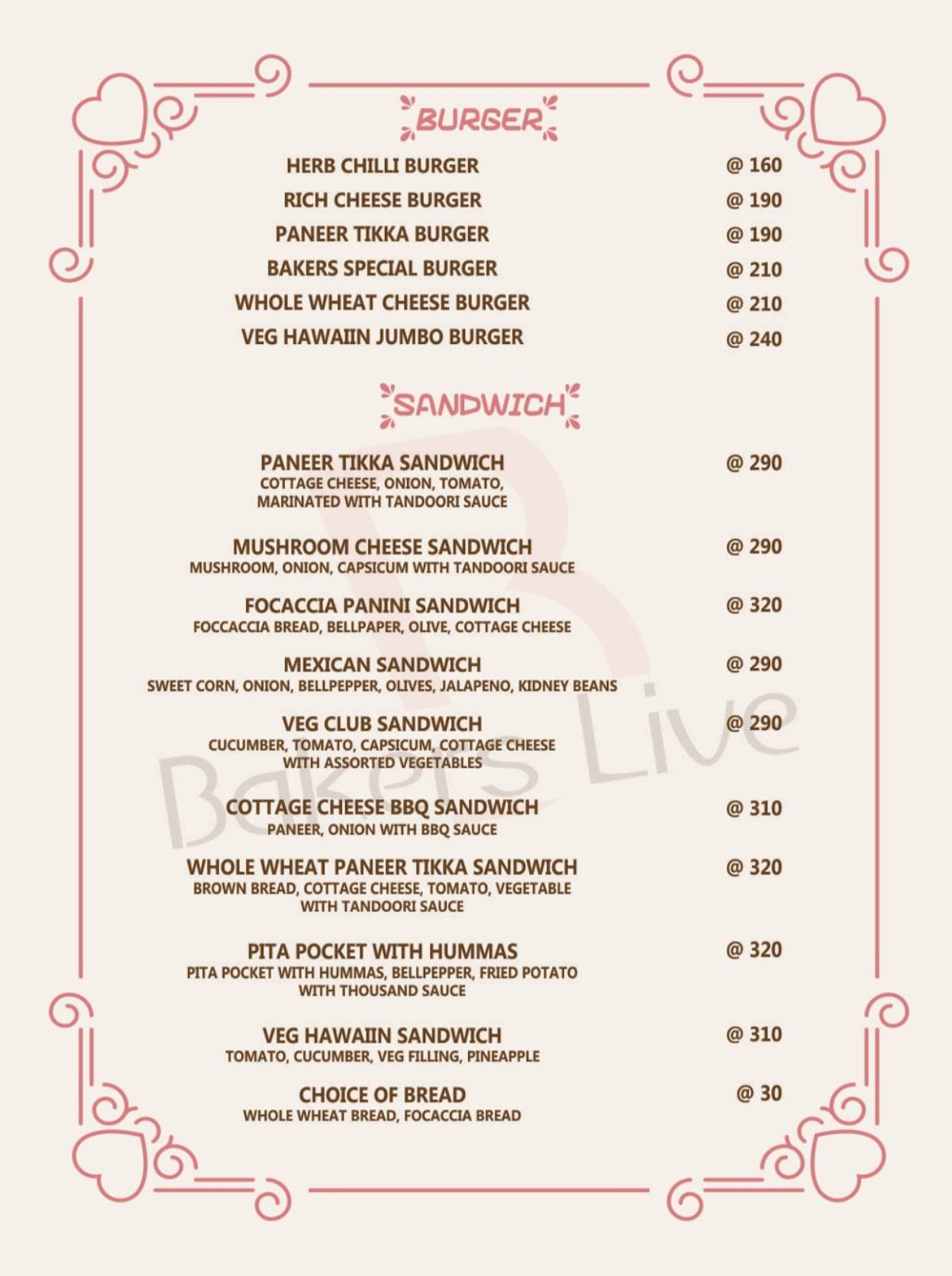 Bakers Live menu