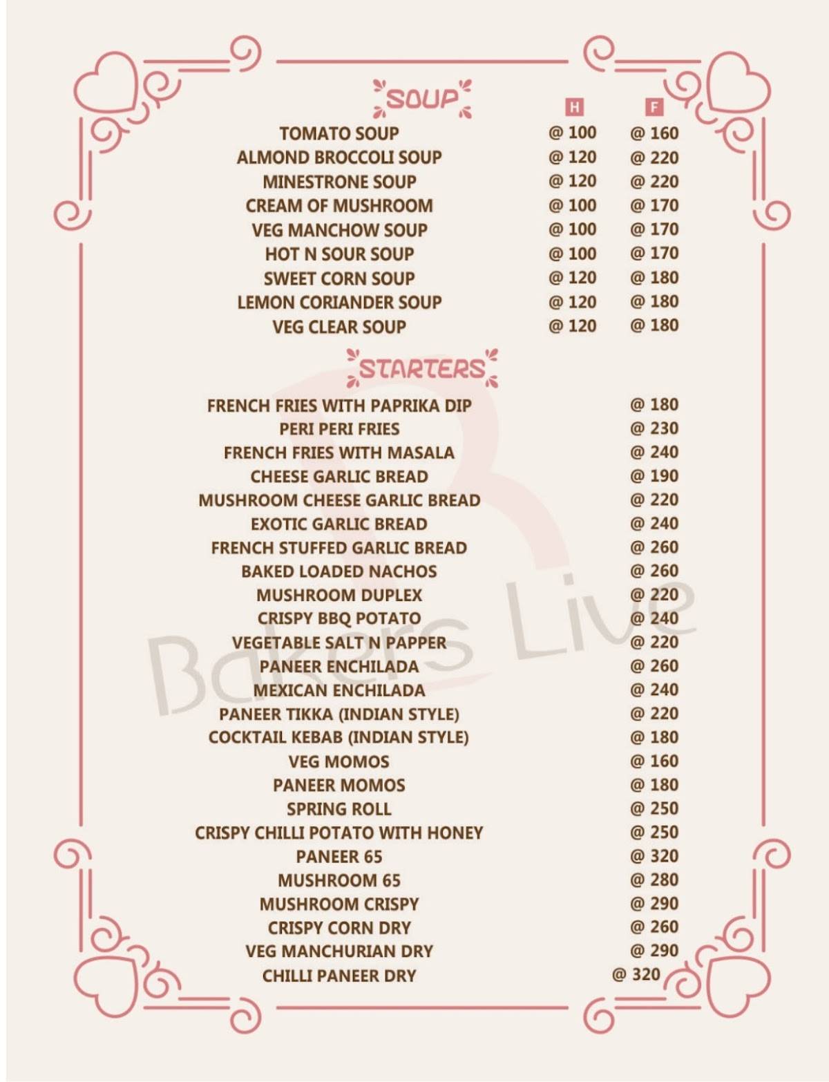 Bakers Live menu