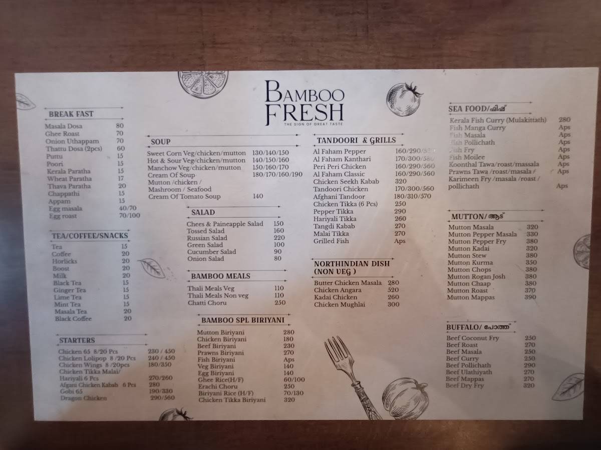 Bamboo Fresh Restaurant Taliparamba menu