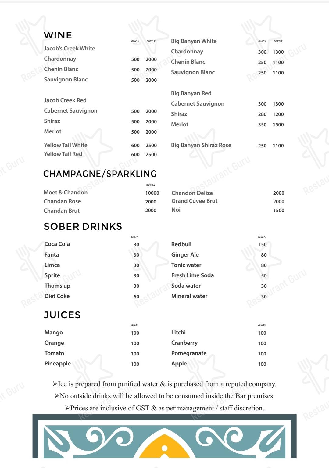 Bar De Goa menu - dishes and beverages