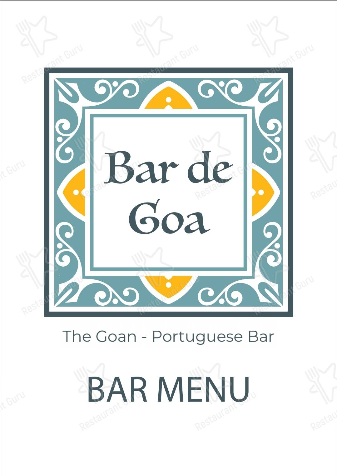 Bar De Goa menu - meals and drinks