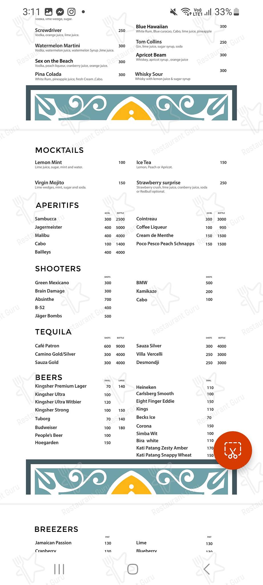 Bar De Goa menu - meals and drinks