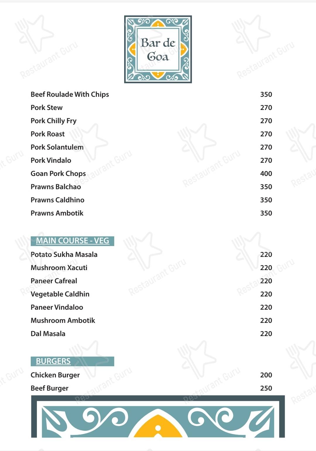 Bar De Goa menu - meals and drinks