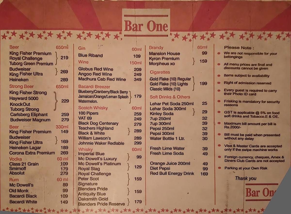 Bar One menu