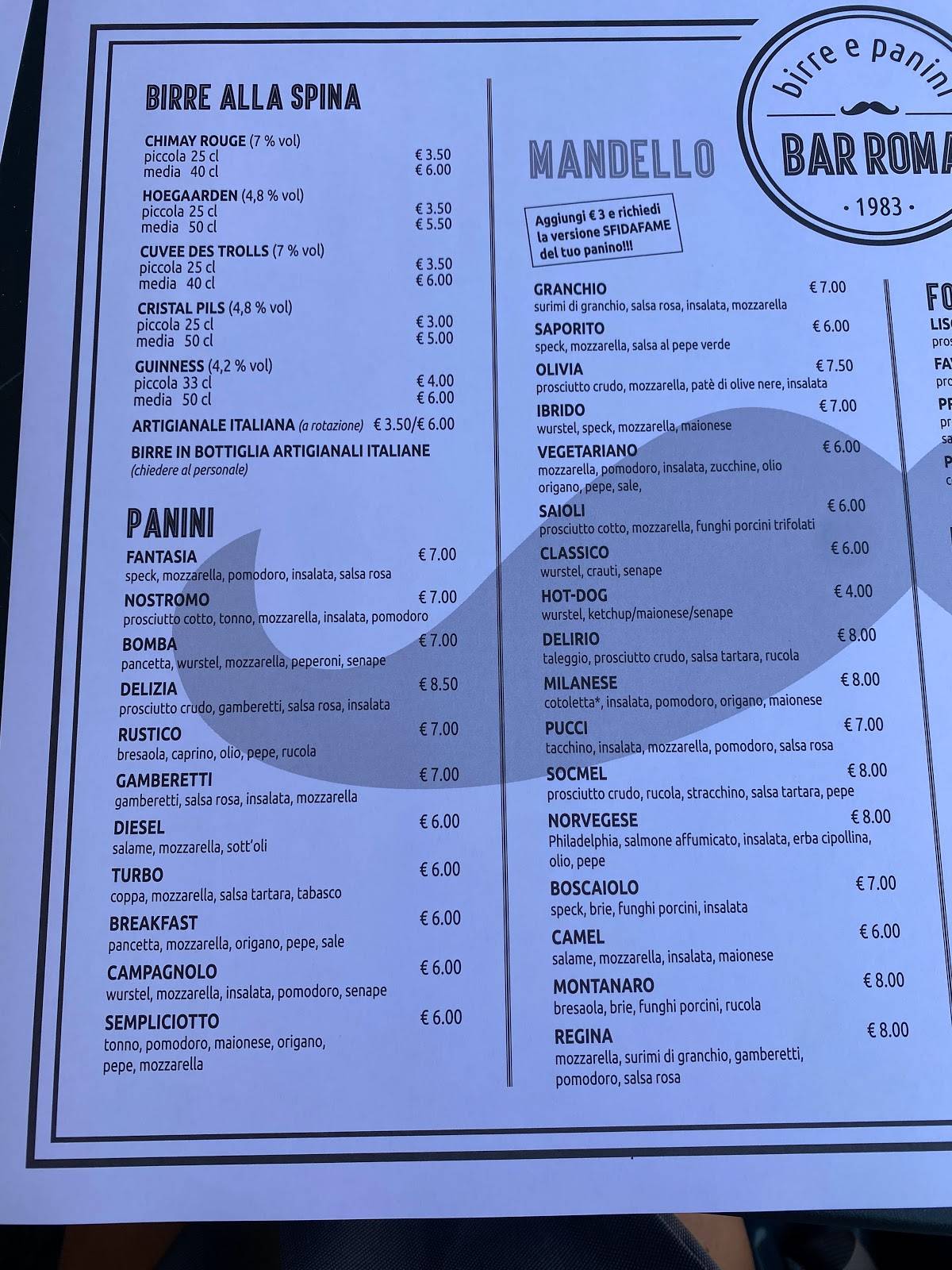 Menu di Bar Roma srl 