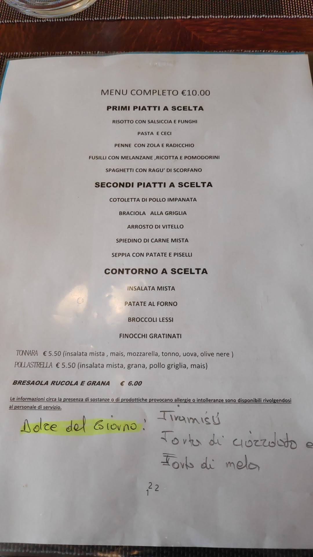 Menu di Bar Segrate 