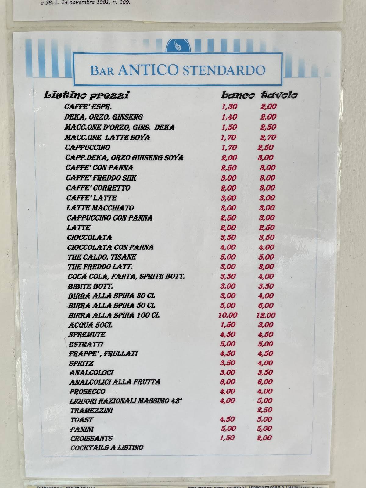 Menu di Bar Stendardo 