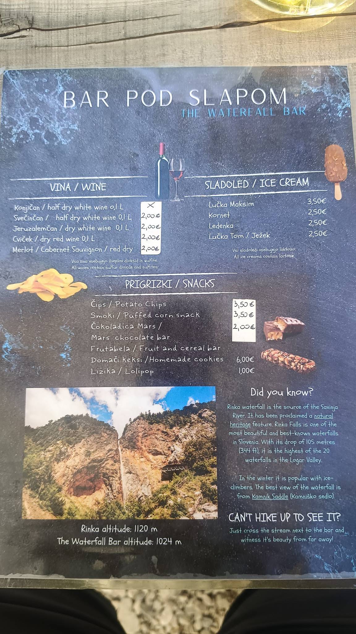 Menu di Bar under the waterfall 