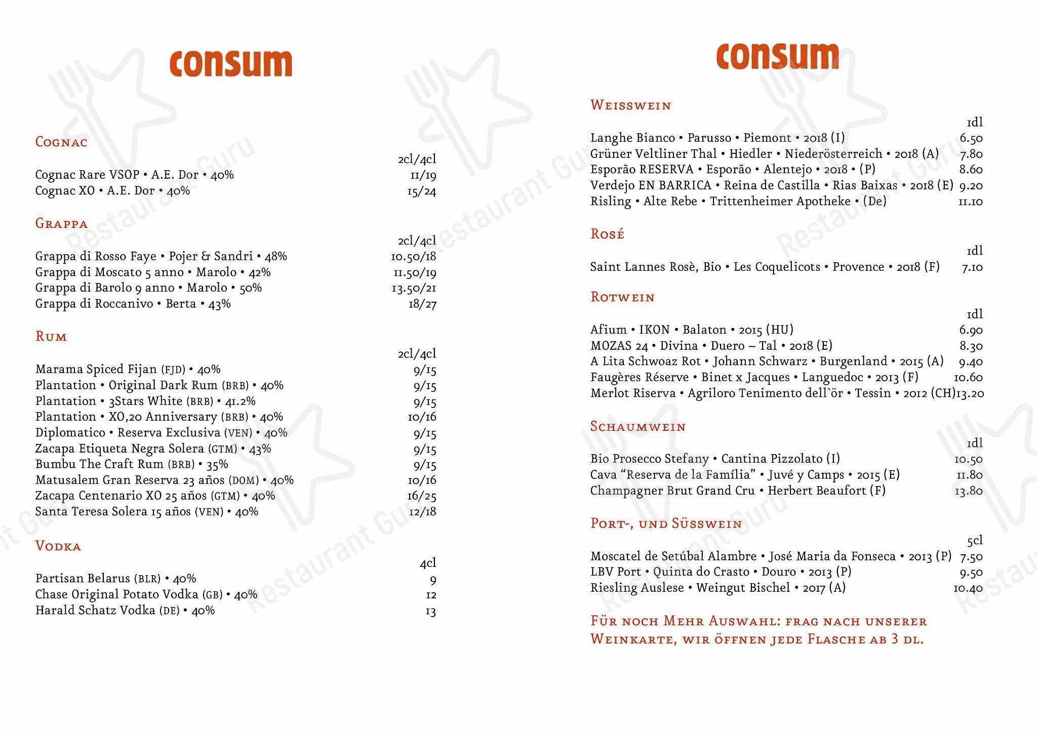 Основное меню per Consum Weinbar pub & bar
