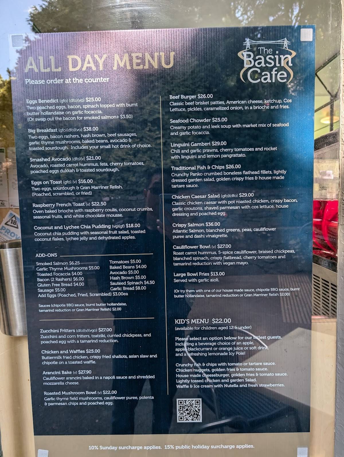 Menu at Basin Cafe, West Launceston