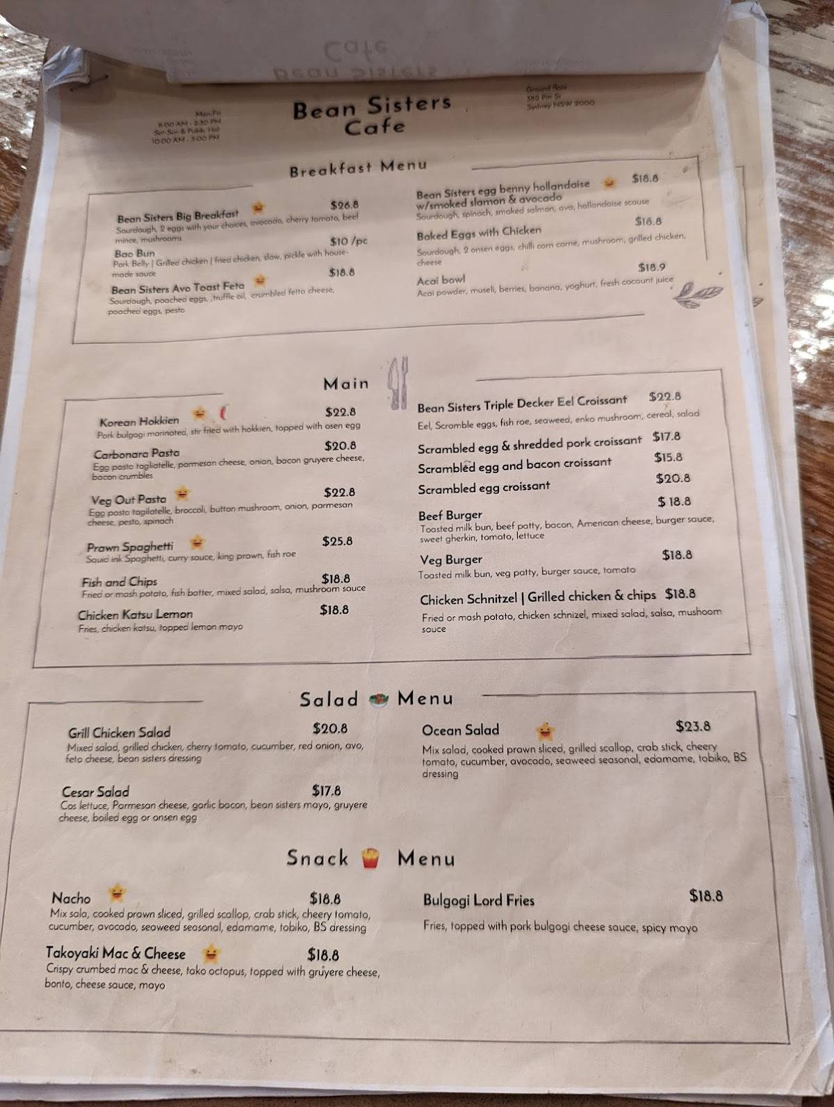 Menu at Bean Sisters Cafe, Sydney