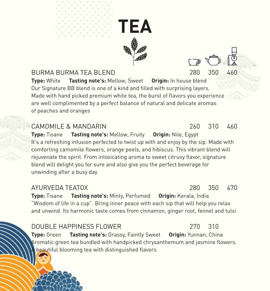 Burma Burma Restaurant & Tea Room menu