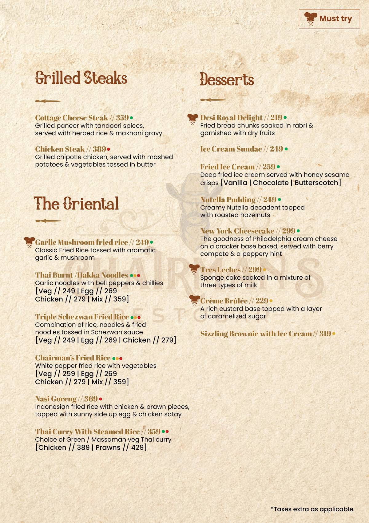 Chairman's Restobar menu