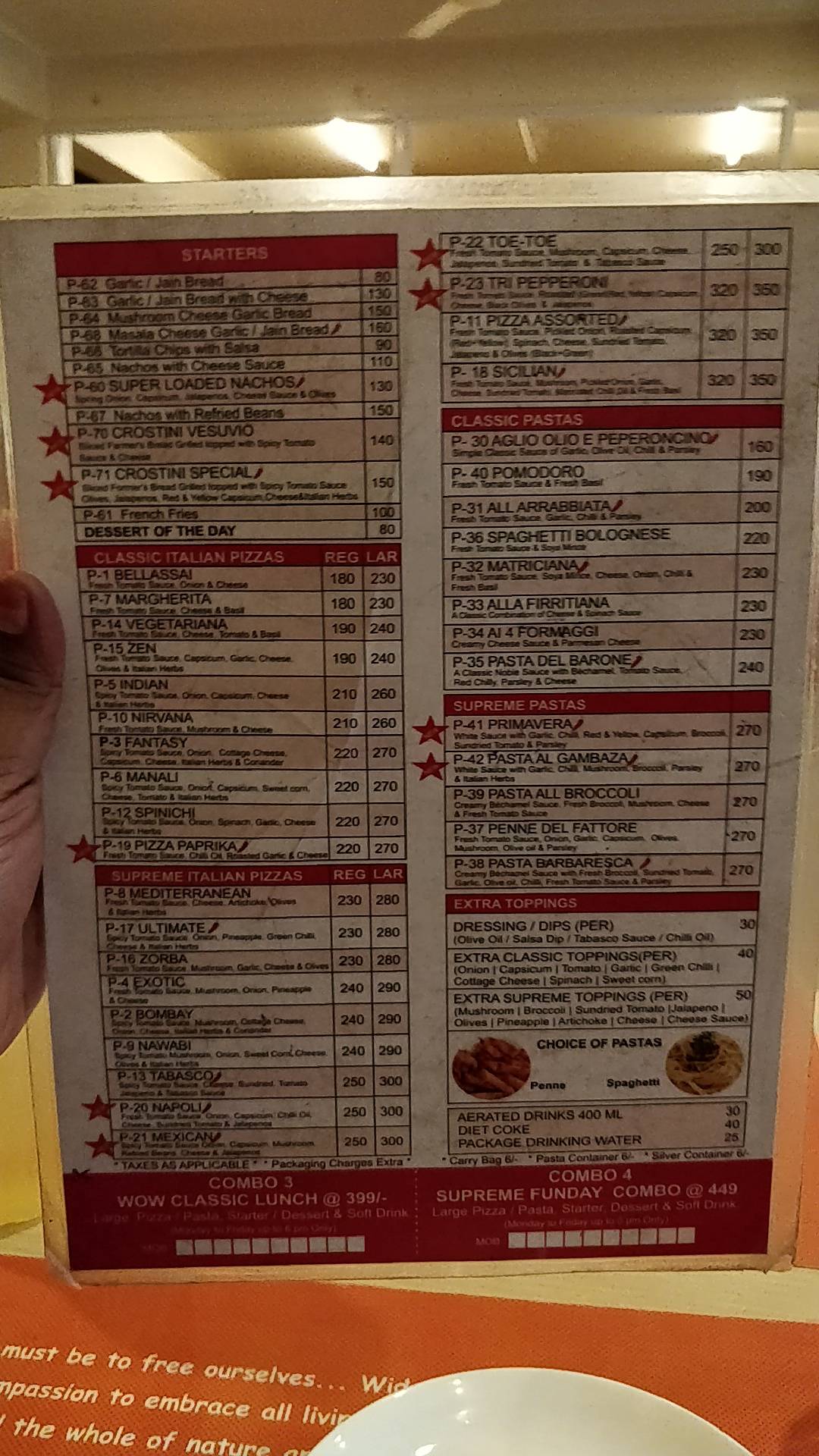 Pizza Stop menu