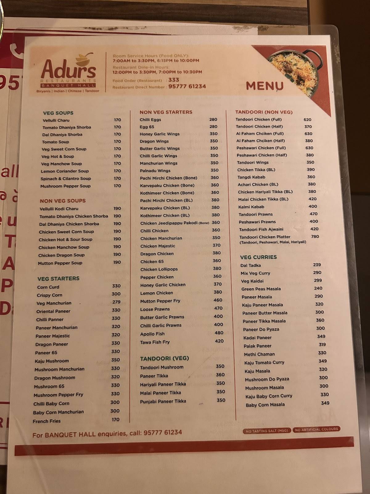 Adurs Restaurants menu