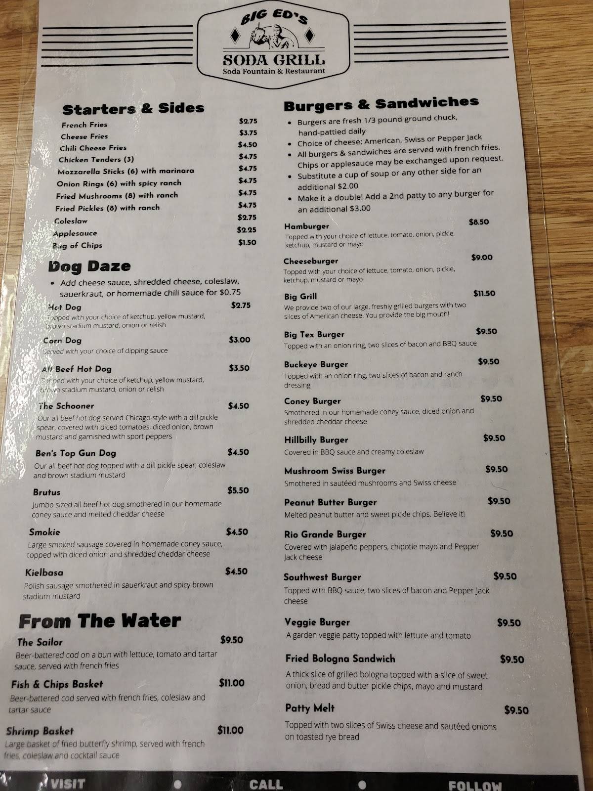 Menu at Big Ed's Main Street Soda Grill Vermilion restaurant, Vermilion