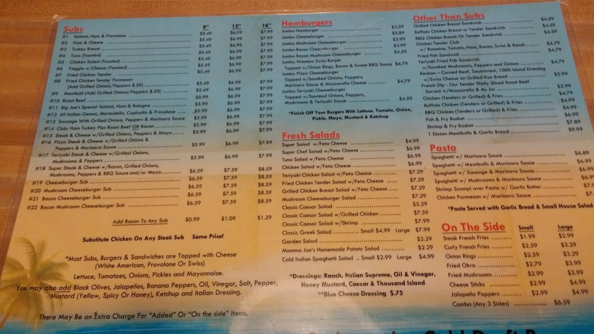 Menu at Big Joe's Subs restaurant, New Smyrna Beach