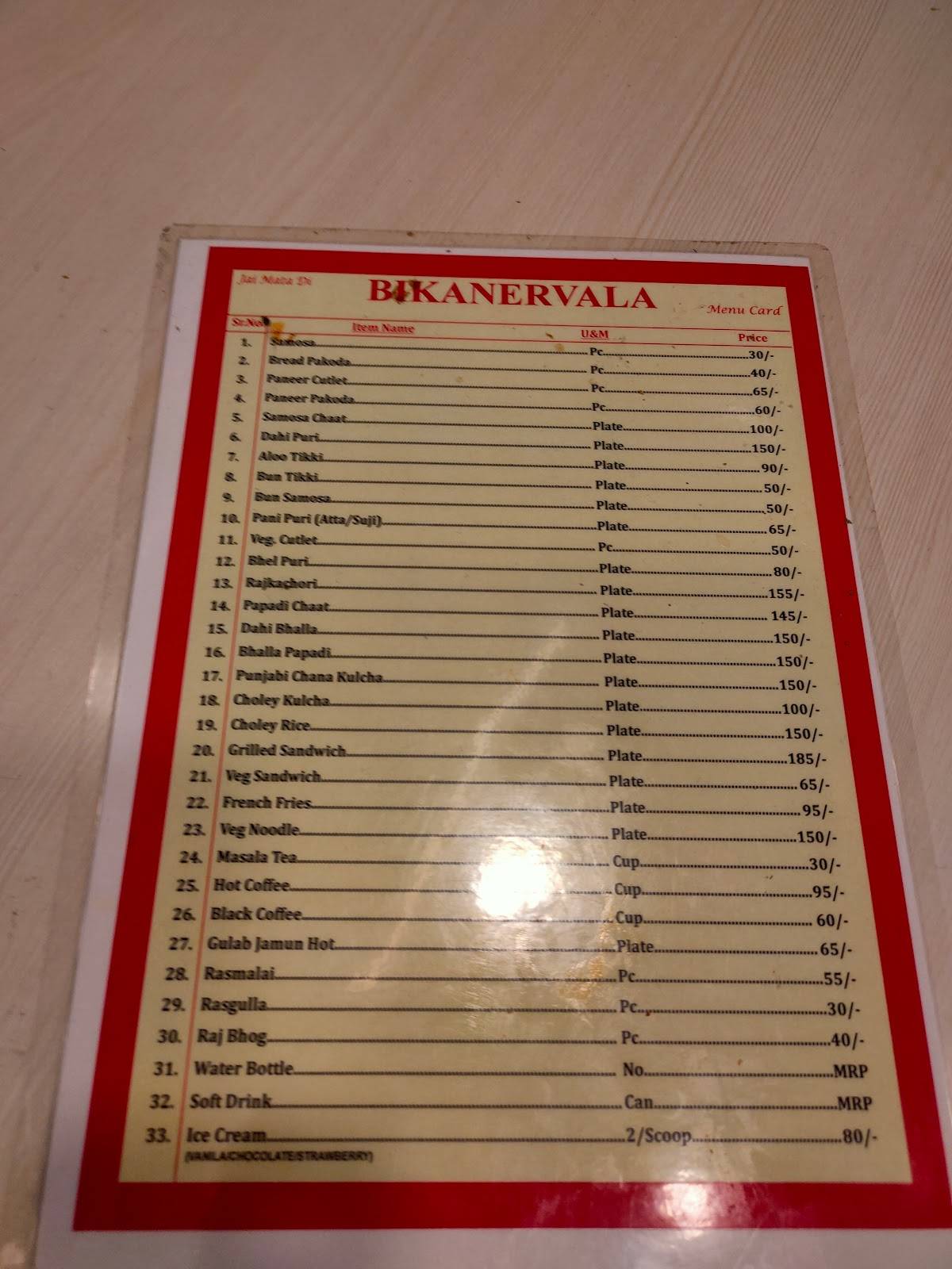 Bikanervala Ardhkuwari Vaishnodevi menu