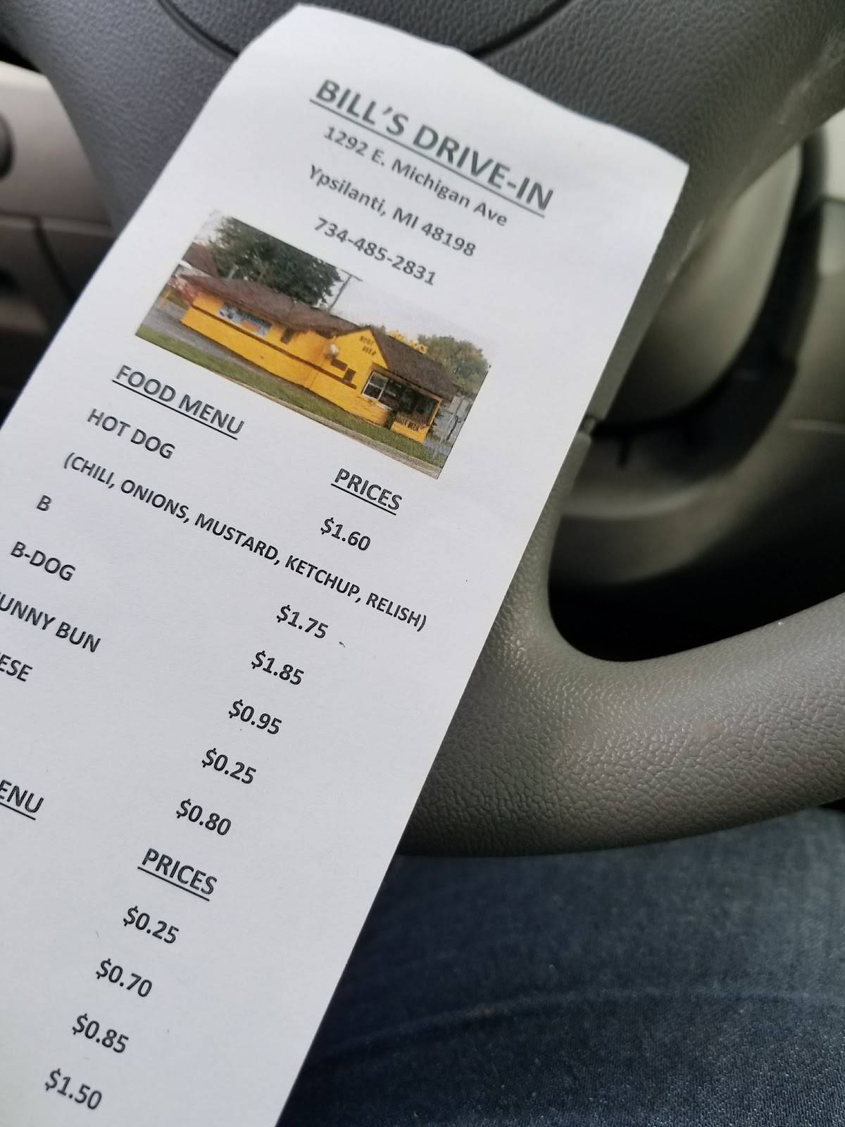 Menu at Bill's Drive in restaurant, Ypsilanti