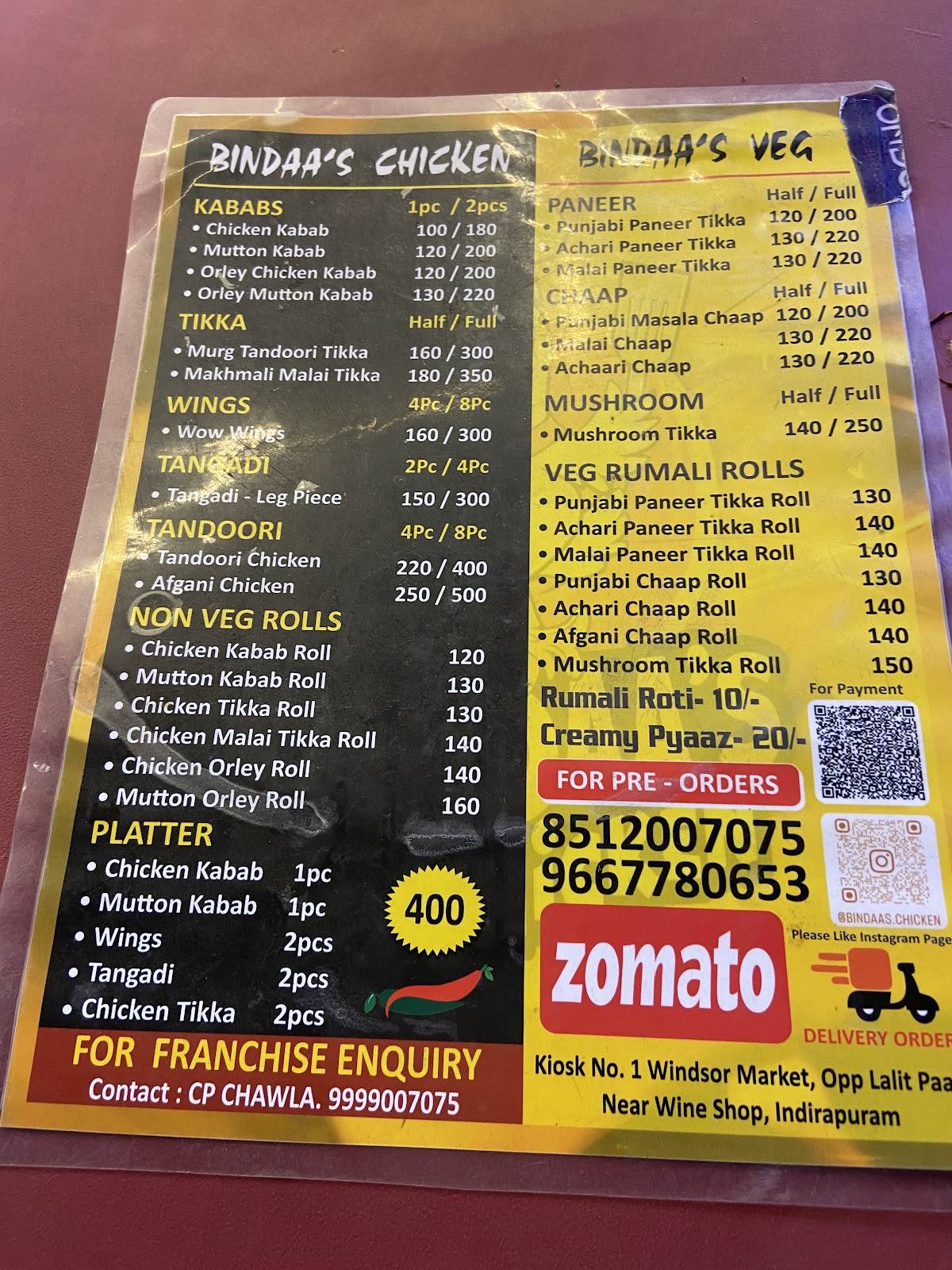 Bindaa’s Chicken menu