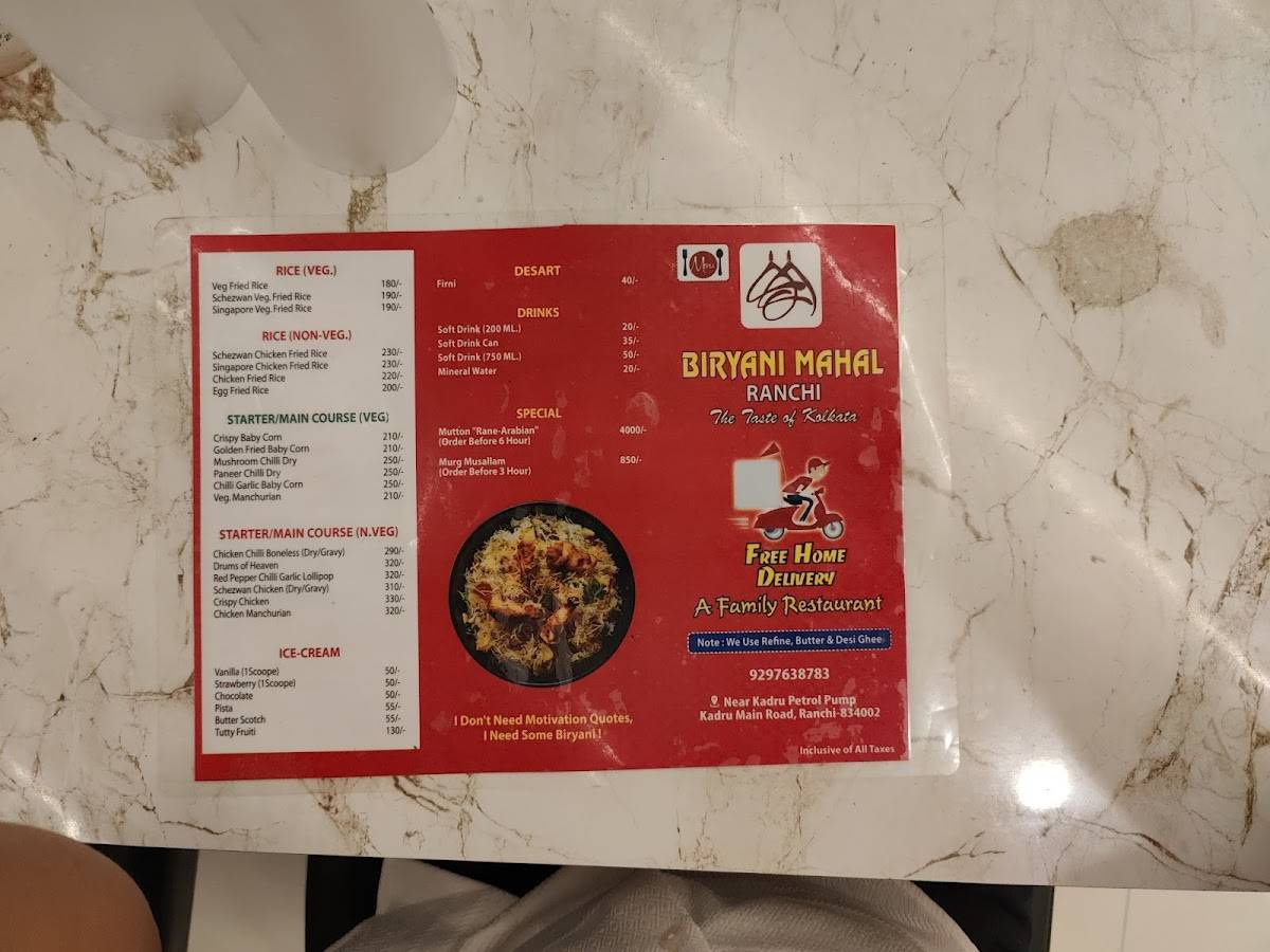 Biryani Mahal Ranchi menu