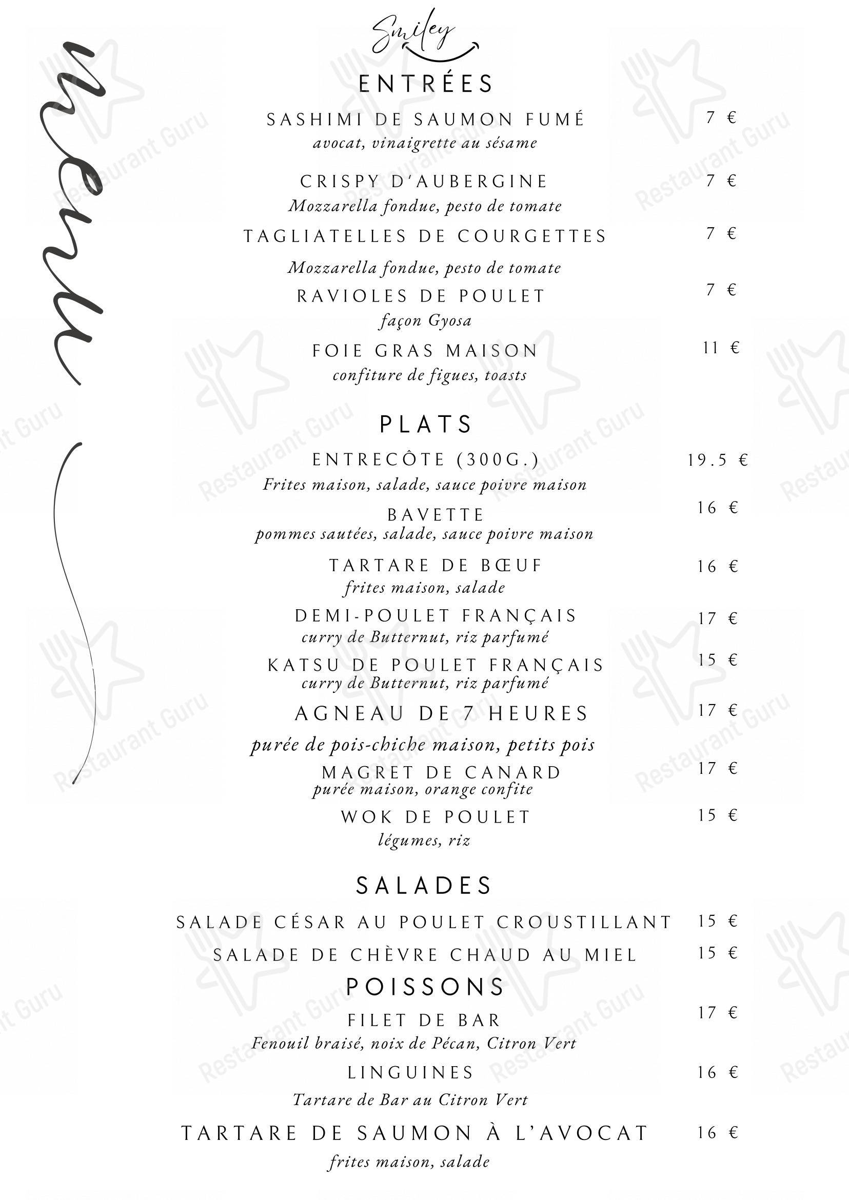 Menu pour Bistrot Smiley dans Paris