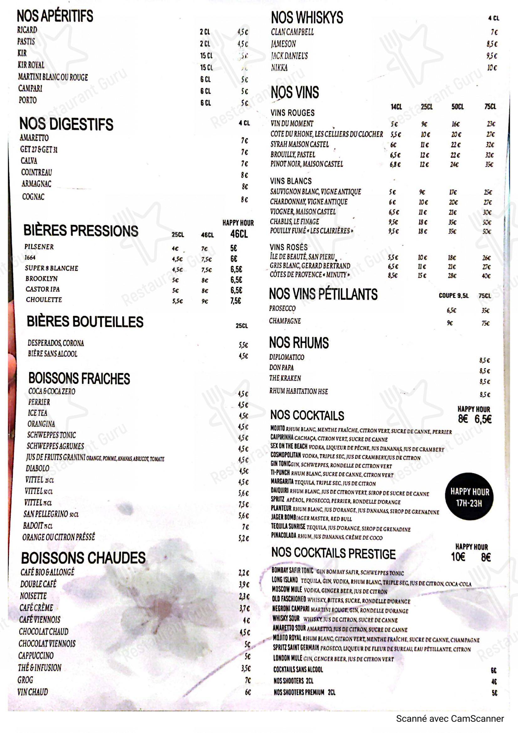 Menu pour Bistrot Smiley pub et bar