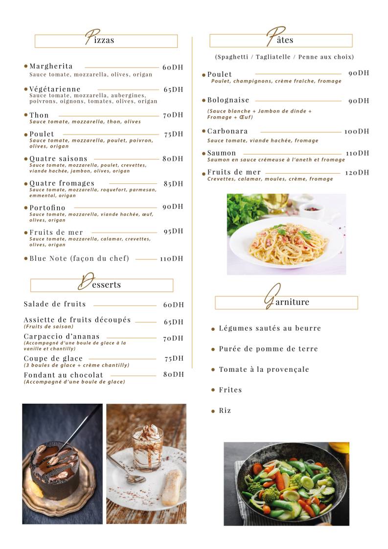 Menu de Blue Note Agadir