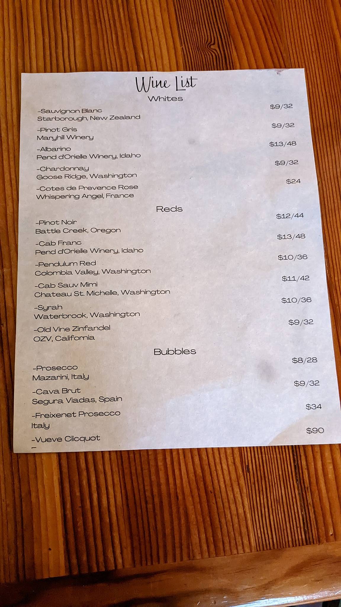 Menu at Blue Room restaurant, Sandpoint