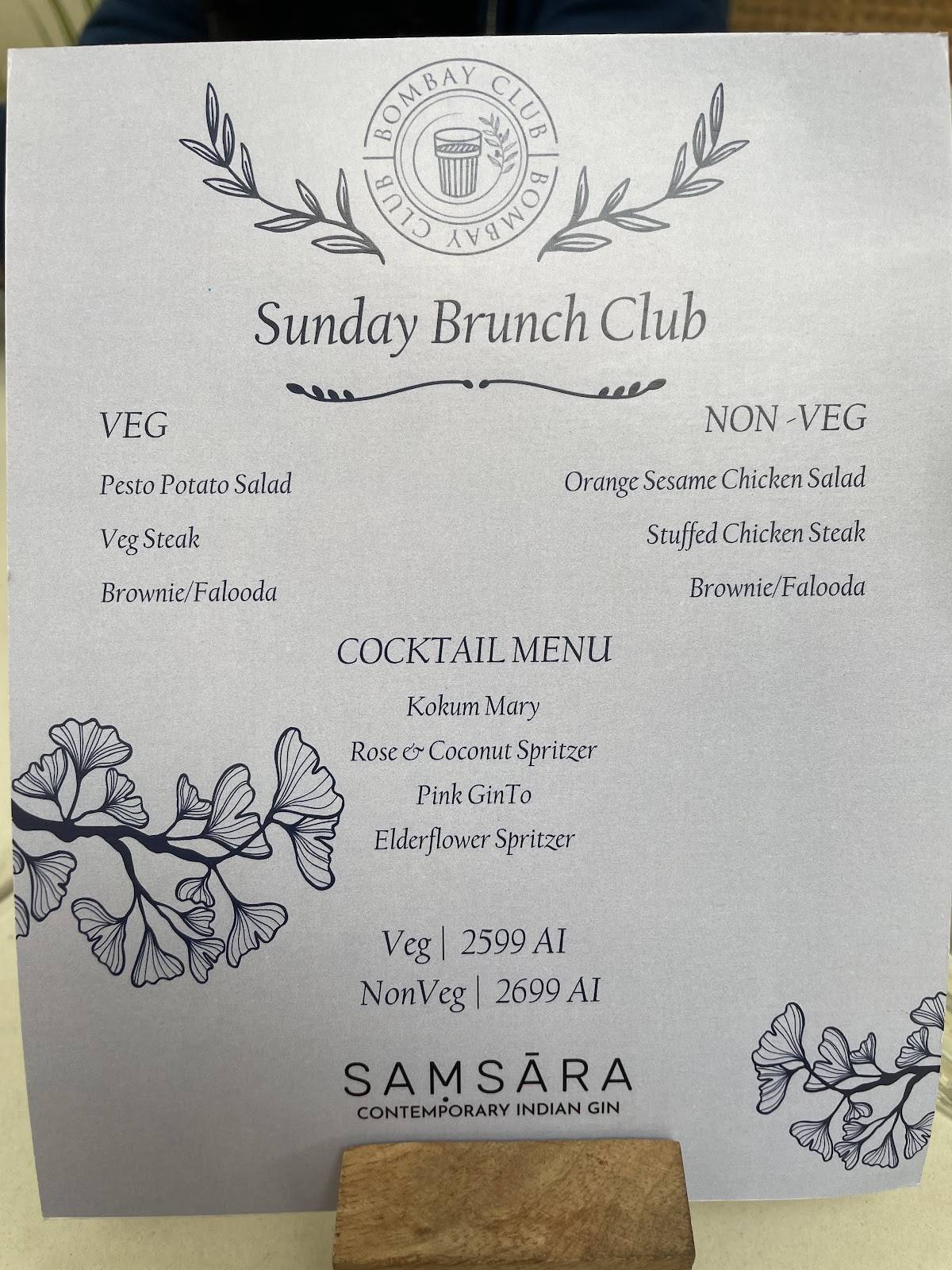 Bombay Club menu