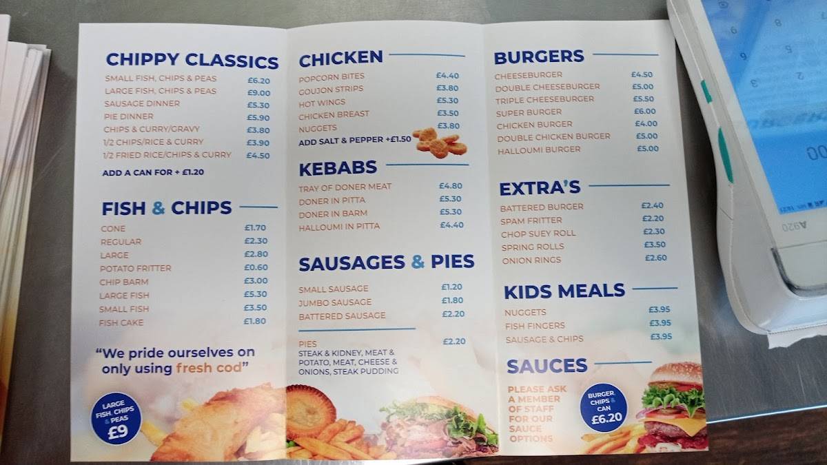 Menu at Heritage Fish & Chips restaurant, Liverpool